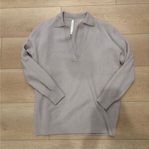Babaton Light Gray Taupe Polo Merino Wool Sweater